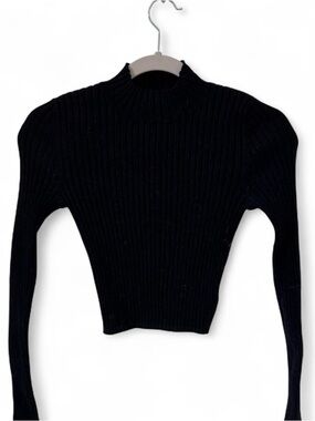 Kendall & Kylie Black Ribbed Mock-Neck Pullover